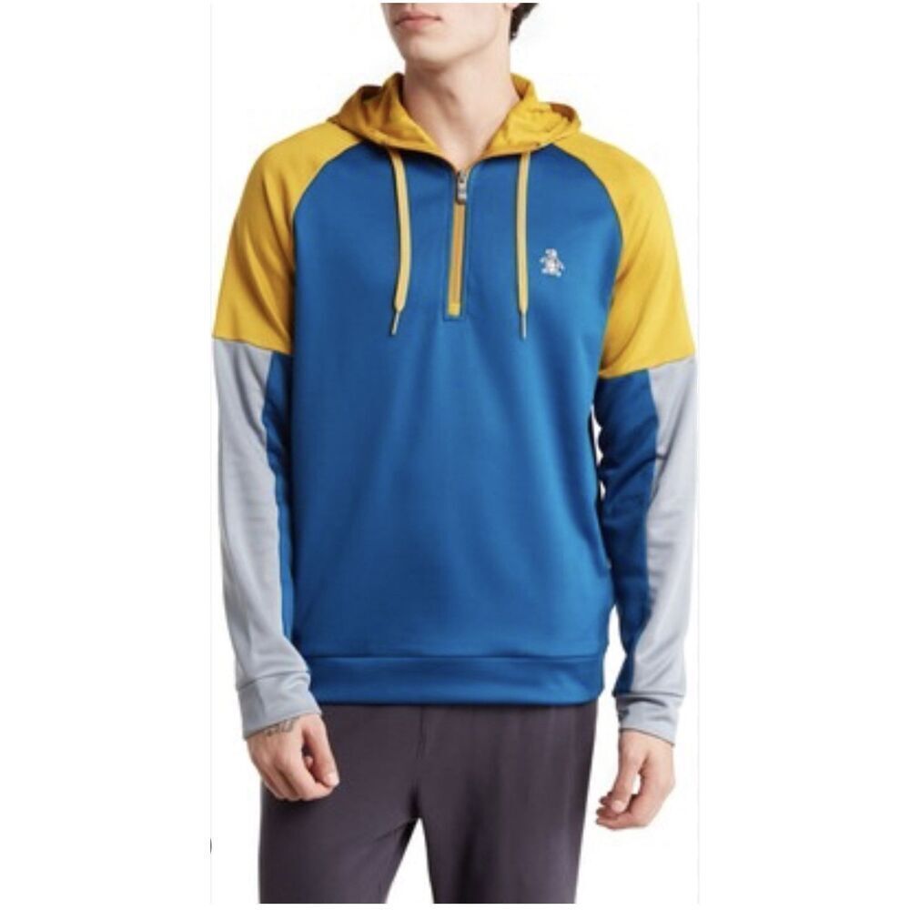 Original Penguin Colorblock Quarter Zip Hoodie Mens Medium Navy Yellow Gorpcore